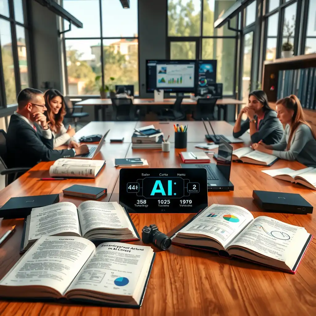 A modern workspace featuring diverse team members collaborating on AI content accuracy, surrounded by technology, open books on ethics, and digital screens displaying data analytics.