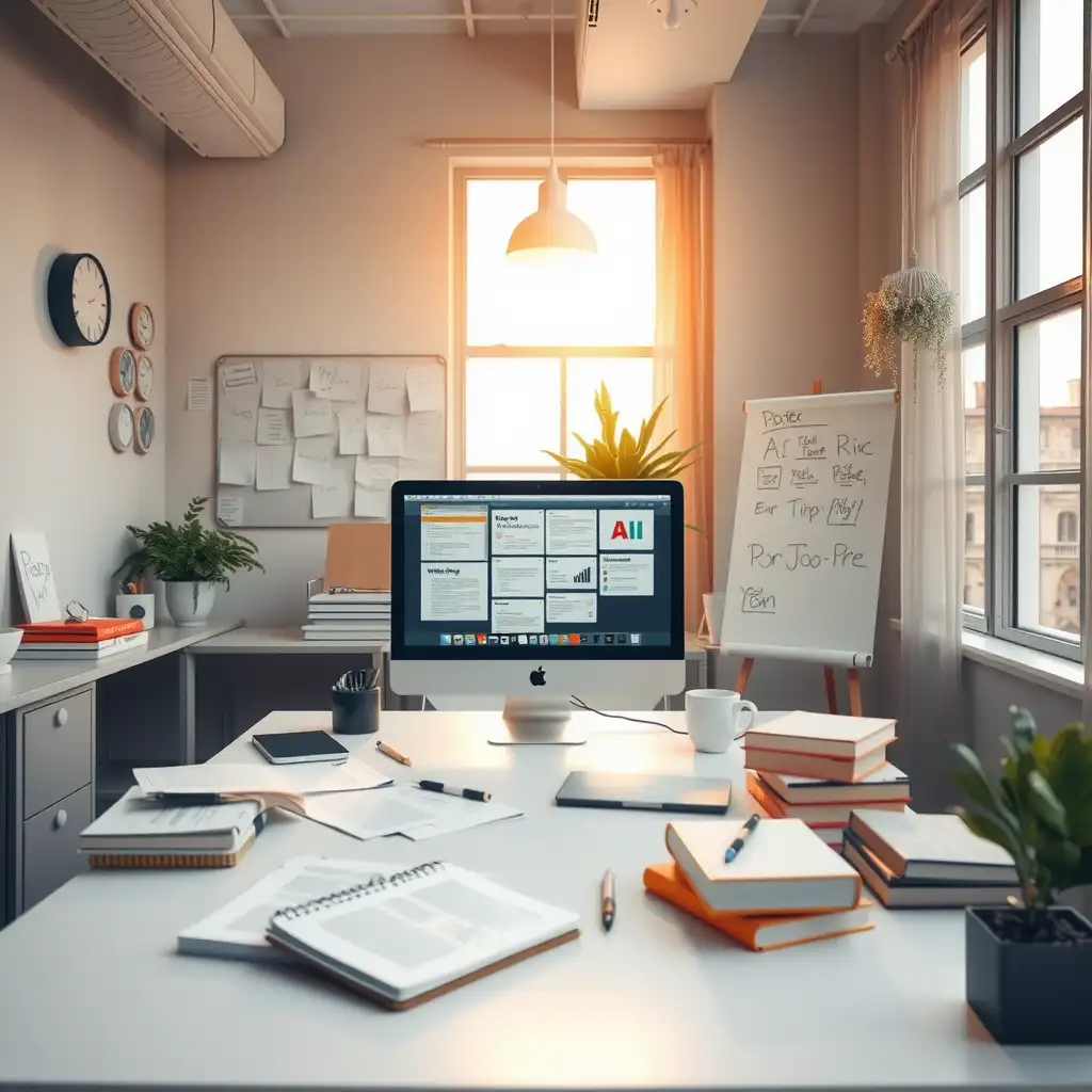 A modern workspace featuring a sleek computer setup, surrounded by books on AI and writing techniques, notes, and a whiteboard filled with ideas, all illuminated by warm natural light.