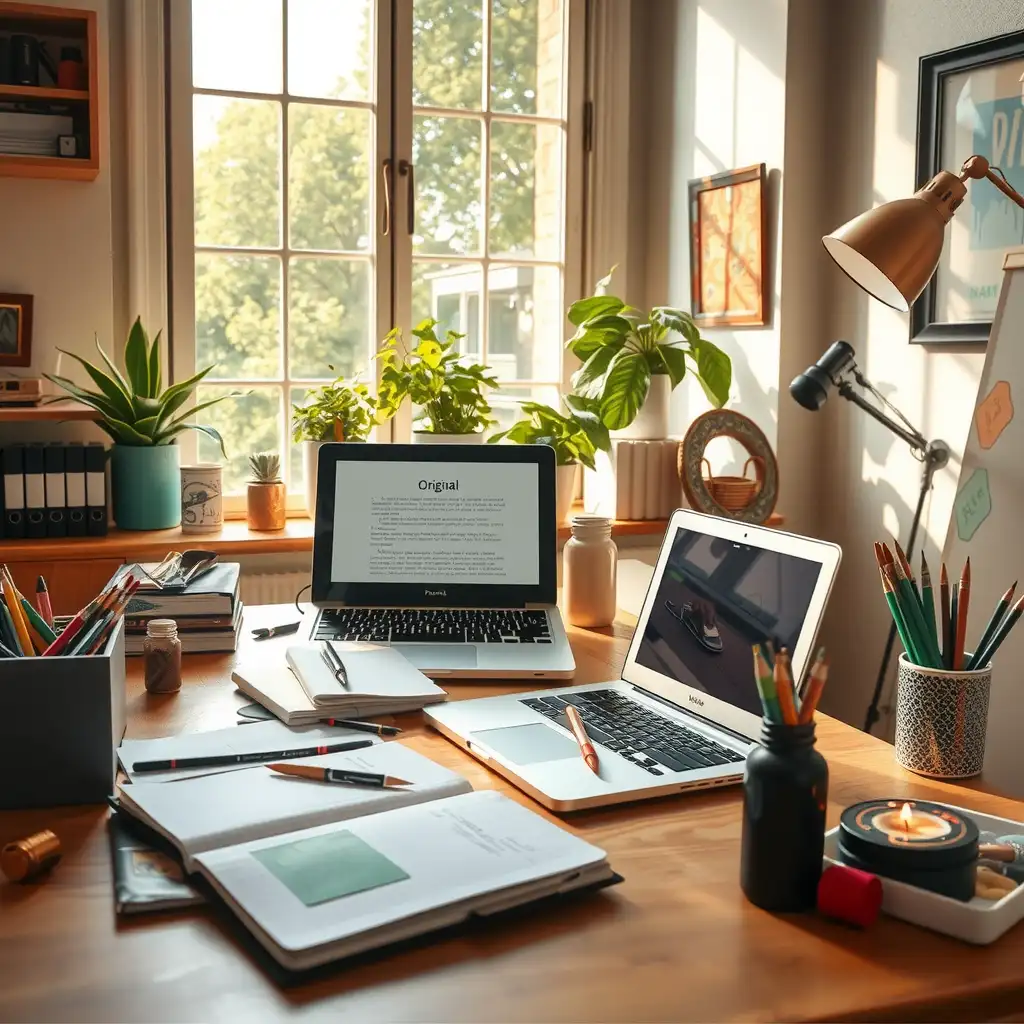 A bright and organized creative workspace featuring a stylish desk with notebooks, a laptop, and artistic tools, surrounded by inspiring décor that fosters creativity and focus.