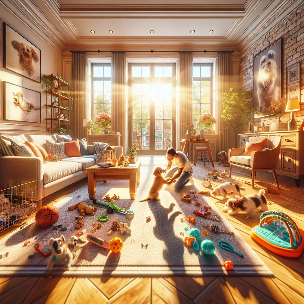 A playful puppy surrounded by dog care essentials in a warm and inviting living space, capturing the joy of new pet ownership.