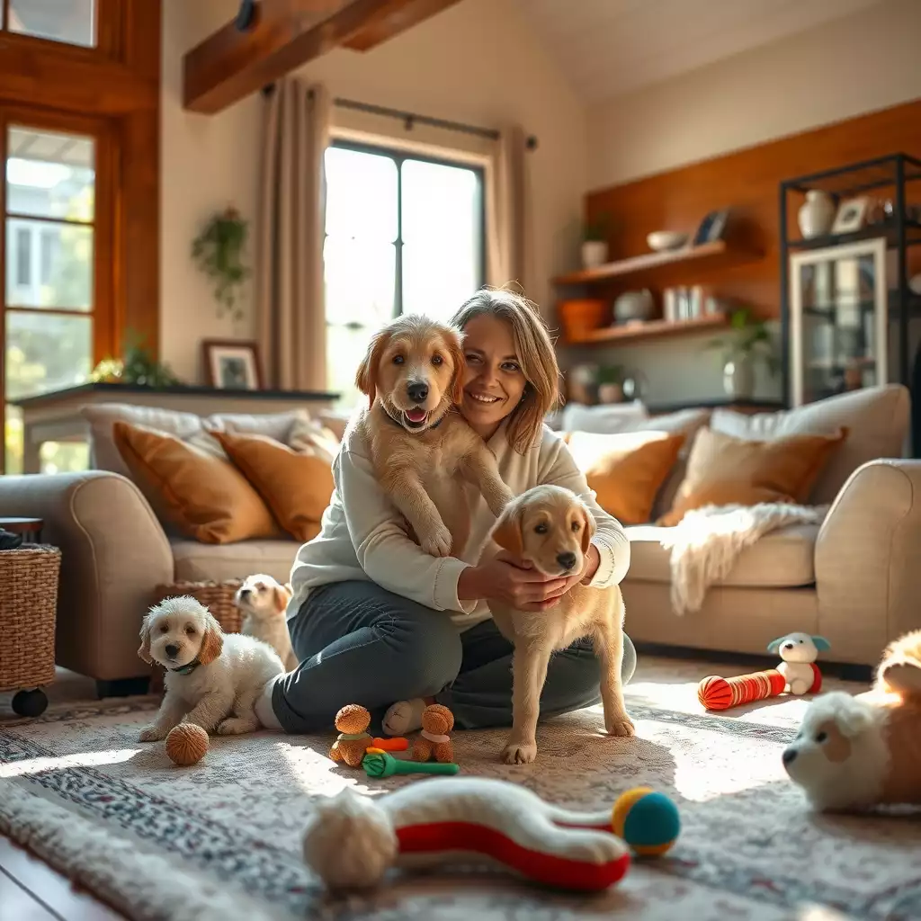 A first-time dog owner joyfully interacting with their new puppy in a cozy living room, surrounded by playful toys and soft furnishings that create a warm atmosphere.