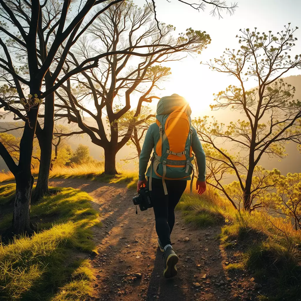 A backpacker navigating a scenic trail surrounded by lush greenery, with essential gear laid out nearby, capturing the spirit of adventure and exploration in nature.