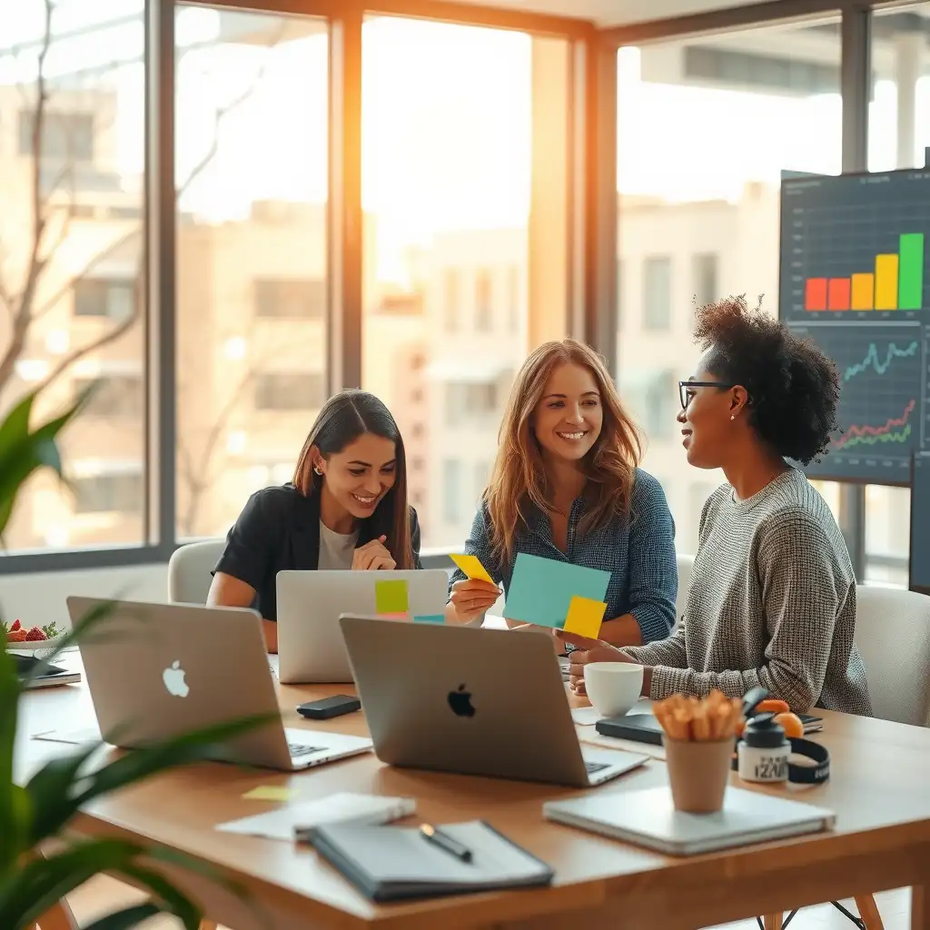 A modern workspace featuring diverse individuals collaborating around laptops, surrounded by colorful post-it notes and digital screens. The environment reflects ethical marketing principles with eco-friendly materials and symbols of transparency and innovation.