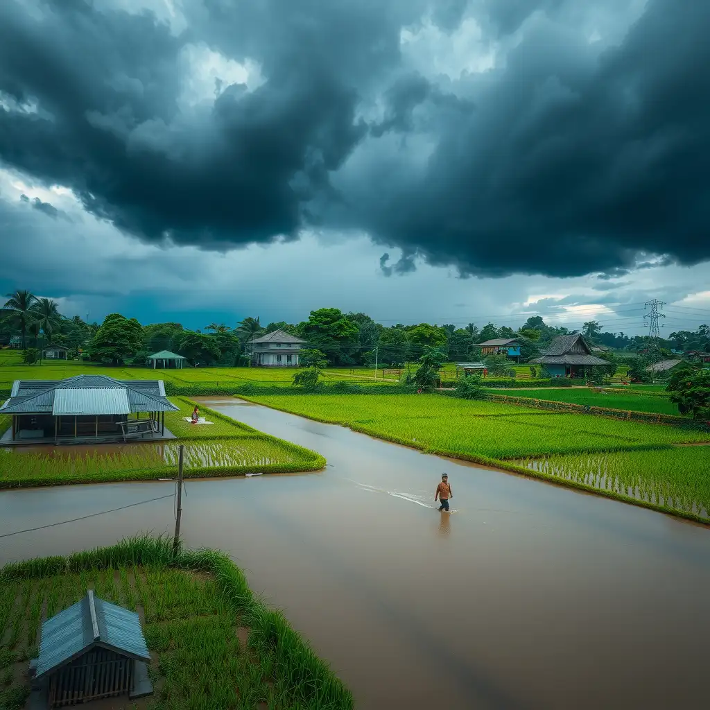 Dramatic scene of flooding in Northern Thailand, featuring submerged rice fields and homes, with locals navigating through the rising waters under dark storm clouds. The image captures the resilience of the community amidst adversity.