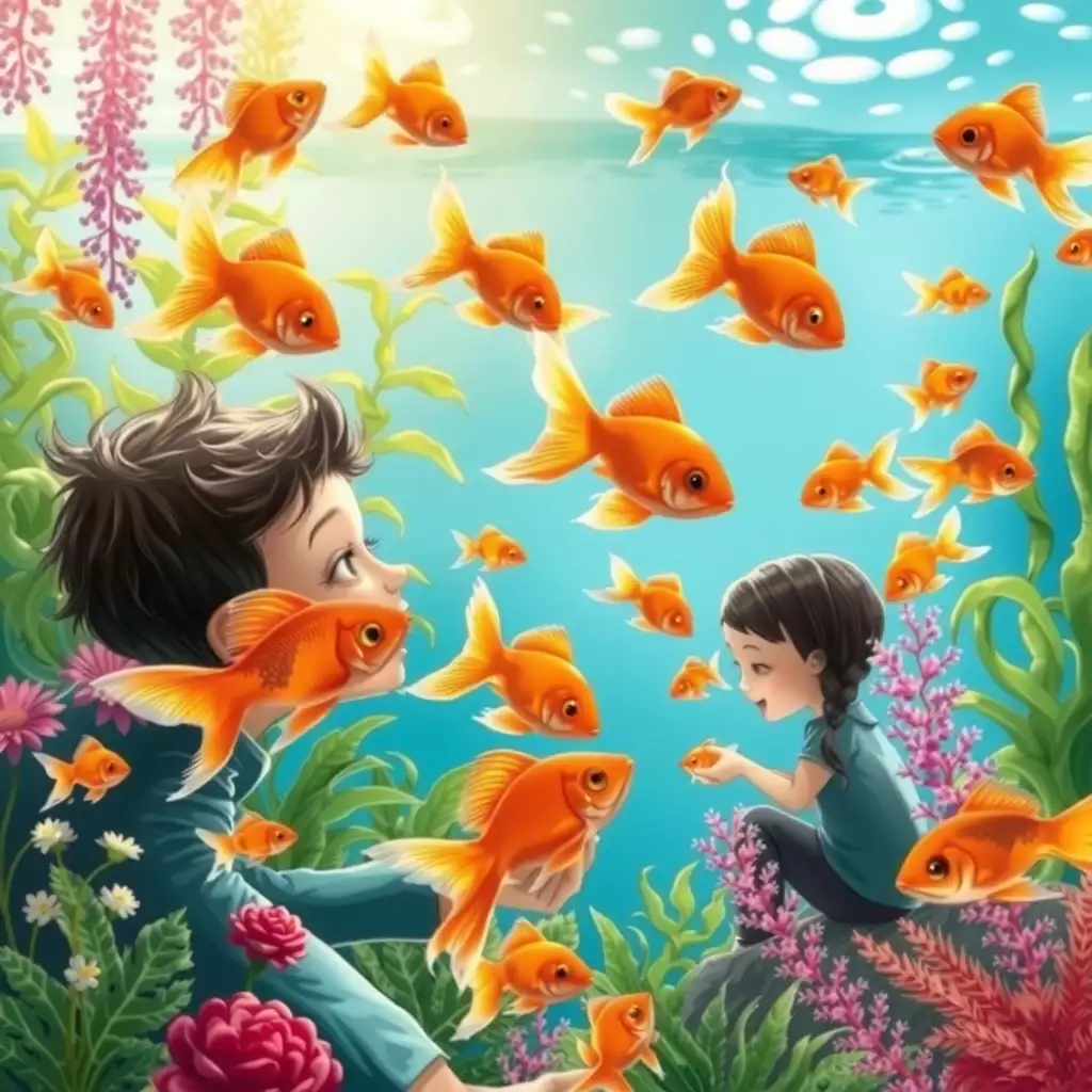 A colorful aquarium scene with playful goldfish swimming among vibrant aquatic plants, featuring children happily interacting with their pets during feeding and tank care.