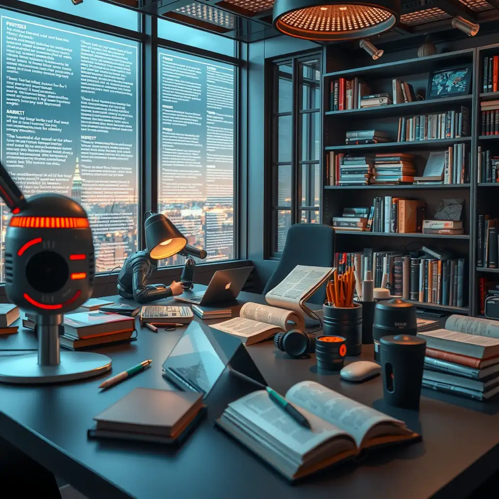 A futuristic literary workspace featuring a modern writing desk with digital devices, holographic text displays, and a blend of books and advanced AI tools, creating an inspiring atmosphere of collaboration between human and AI writers.