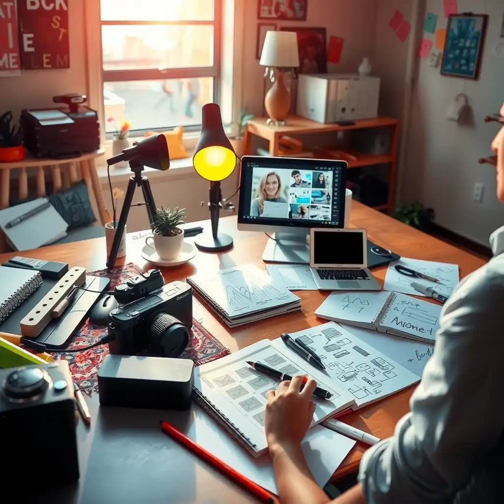 A modern workspace filled with high-tech gadgets, notebooks, and a computer screen displaying AI-generated content ideas, showcasing creativity and collaboration in content creation.