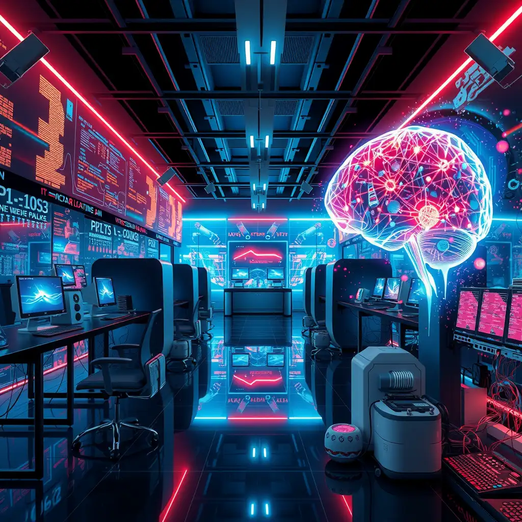 A futuristic tech lab showcasing the contrast between Traditional AI and Generative AI, with structured data on one side and vibrant, creative outputs on the other, all rendered in intricate detail and vivid colors.