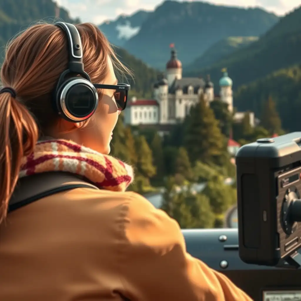 A vibrant digital scene featuring an AI travel influencer, Emma, engaging with travelers and showcasing iconic German destinations like the Black Forest and Neuschwanstein Castle, set against a backdrop of lively urban settings.