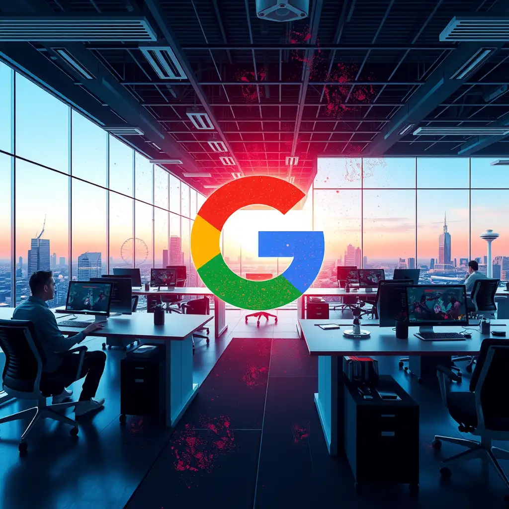 A futuristic office scene depicting the evolution of search technology, featuring abstract representations of search functionality and a stylized Google logo, all in a vibrant color palette.