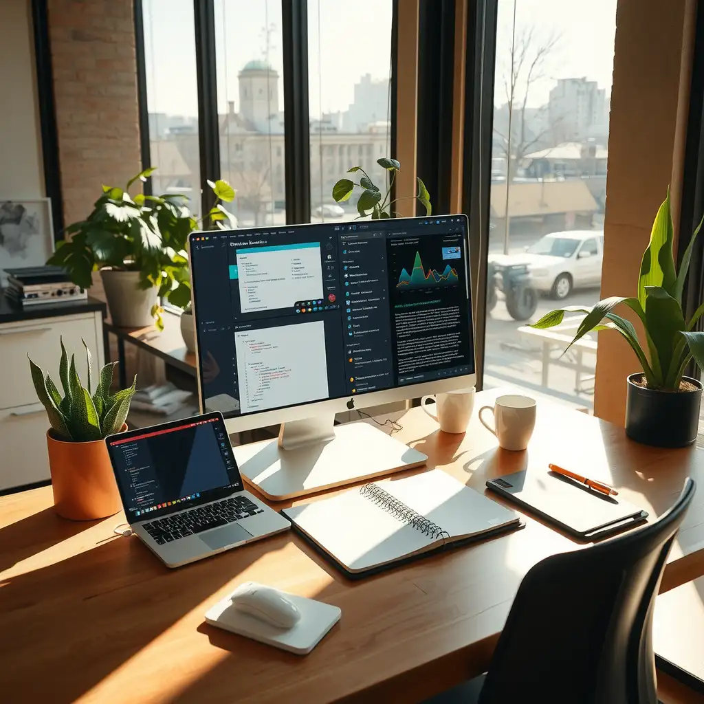 A modern workspace featuring a sleek computer setup with Grammarly's interface, surrounded by digital devices, notebooks, and coffee cups, conveying productivity and innovation in a creative environment.