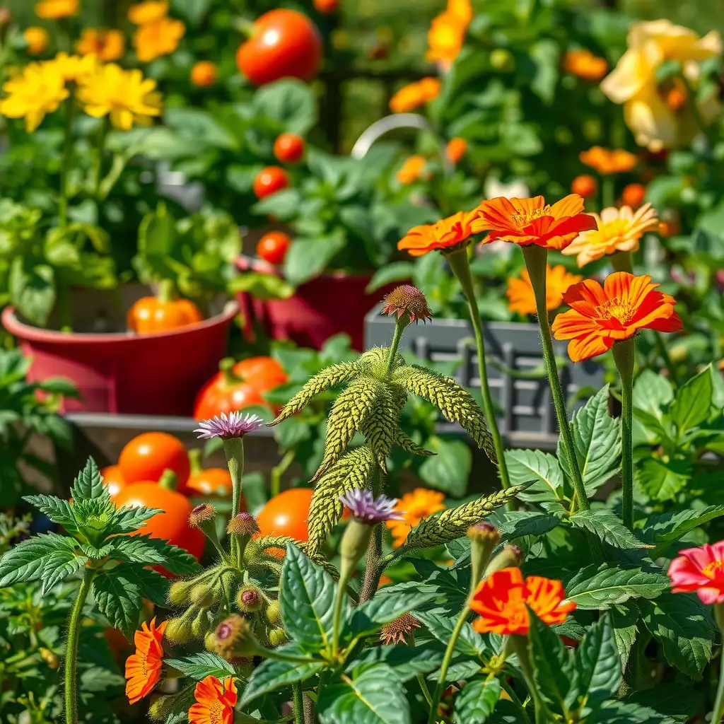 A vibrant vegetable garden in full bloom, showcasing a variety of colorful vegetables and blooming flowers amidst lush green foliage, conveying a sense of growth and abundance.