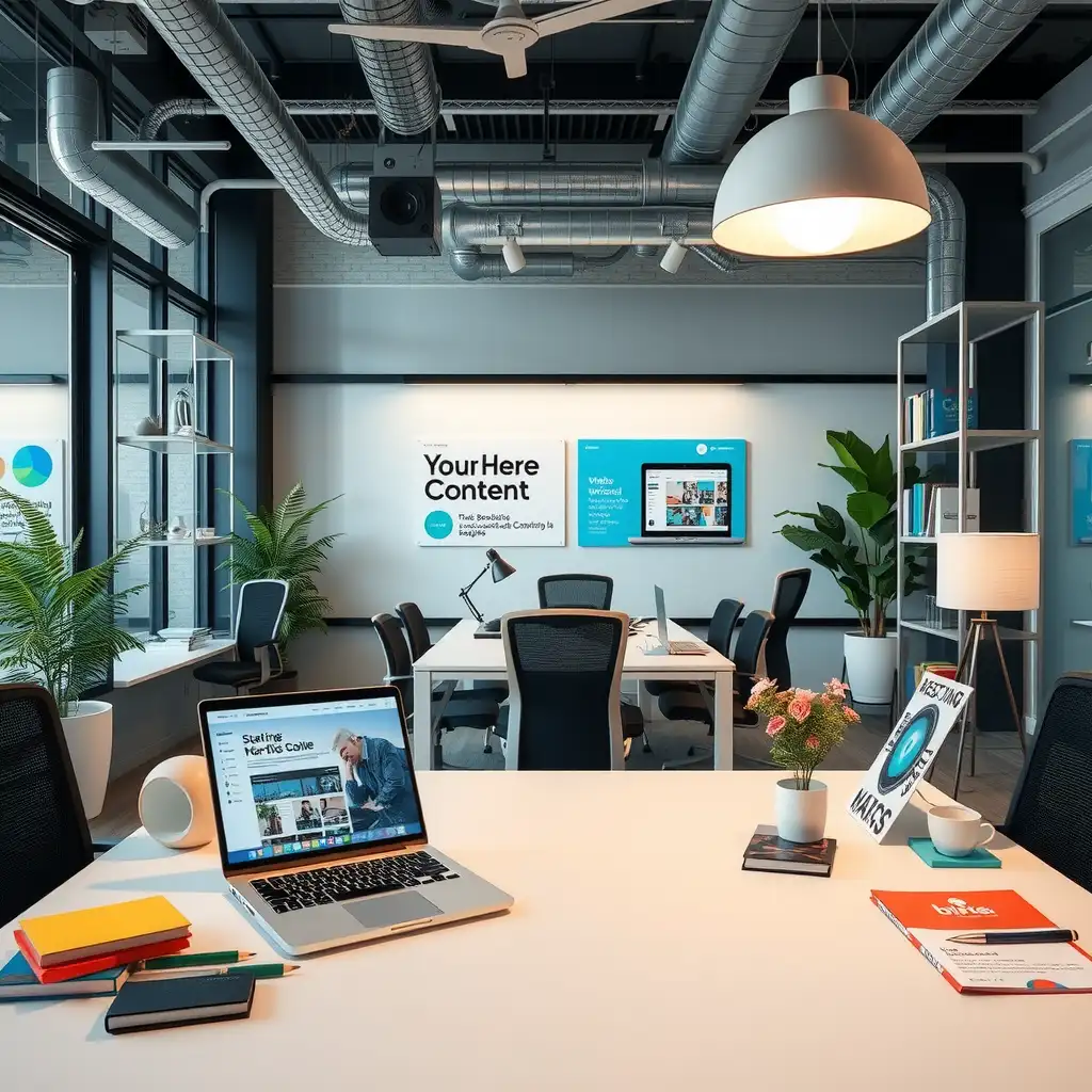 Modern workspace featuring a sleek desk with a laptop, colorful branding materials, and creative decor, conveying professionalism and innovation.