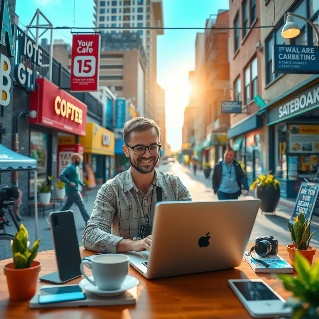 A small business owner engages with customers in a vibrant urban workspace, surrounded by local landmarks and digital marketing materials, illustrating the impact of local SEO on community connection and business growth.