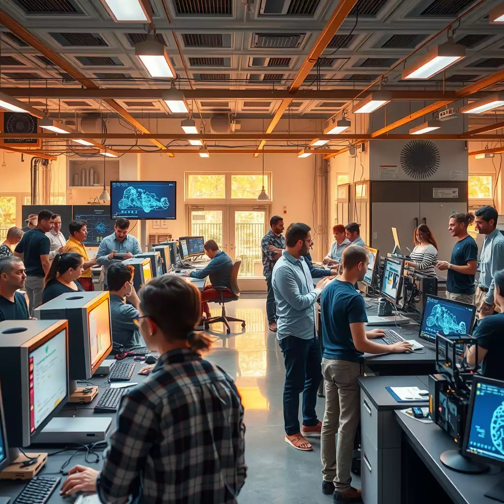 A vibrant technology lab filled with advanced machines, screens showcasing complex algorithms, and diverse teams of engineers collaborating on artificial intelligence projects.