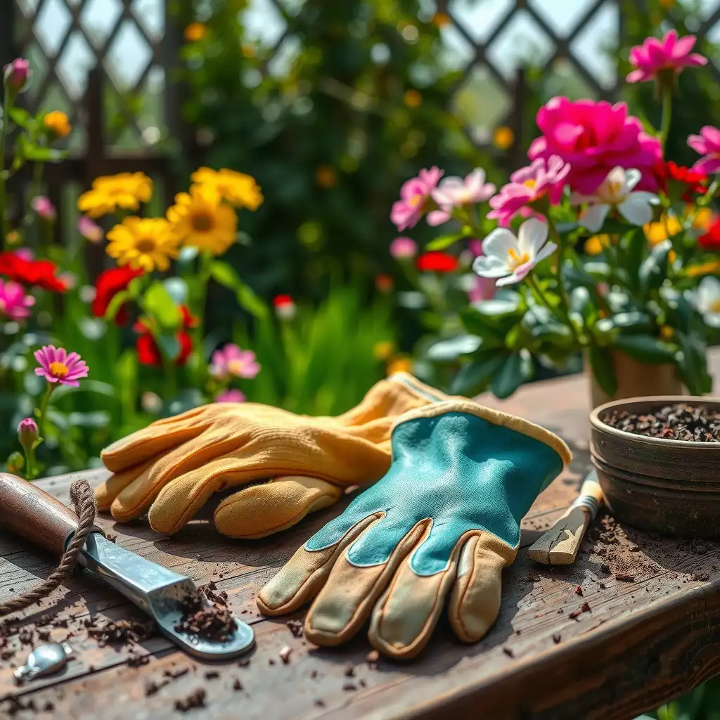 A pair of well-worn garden gloves resting on a wooden table, surrounded by colorful flowers and gardening tools, showcasing the beauty and practicality of gardening.