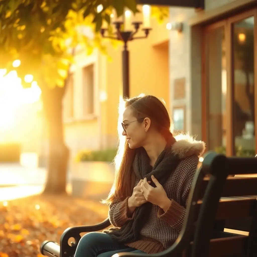 A cozy café scene with a couple sitting together, surrounded by autumn leaves, evoking feelings of nostalgia and rekindled love.