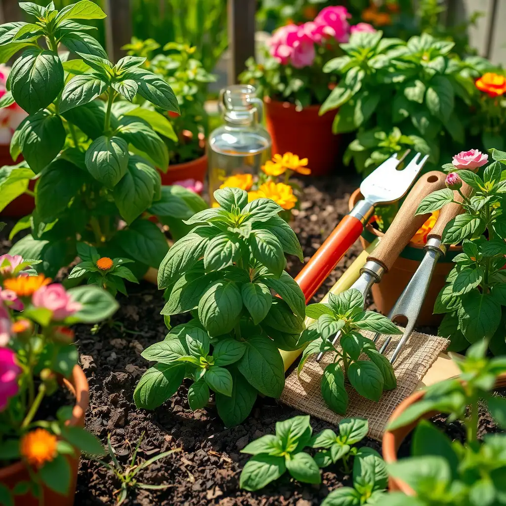 Vibrant herb garden featuring lush basil plants in various stages of growth, surrounded by colorful flowers and gardening tools.