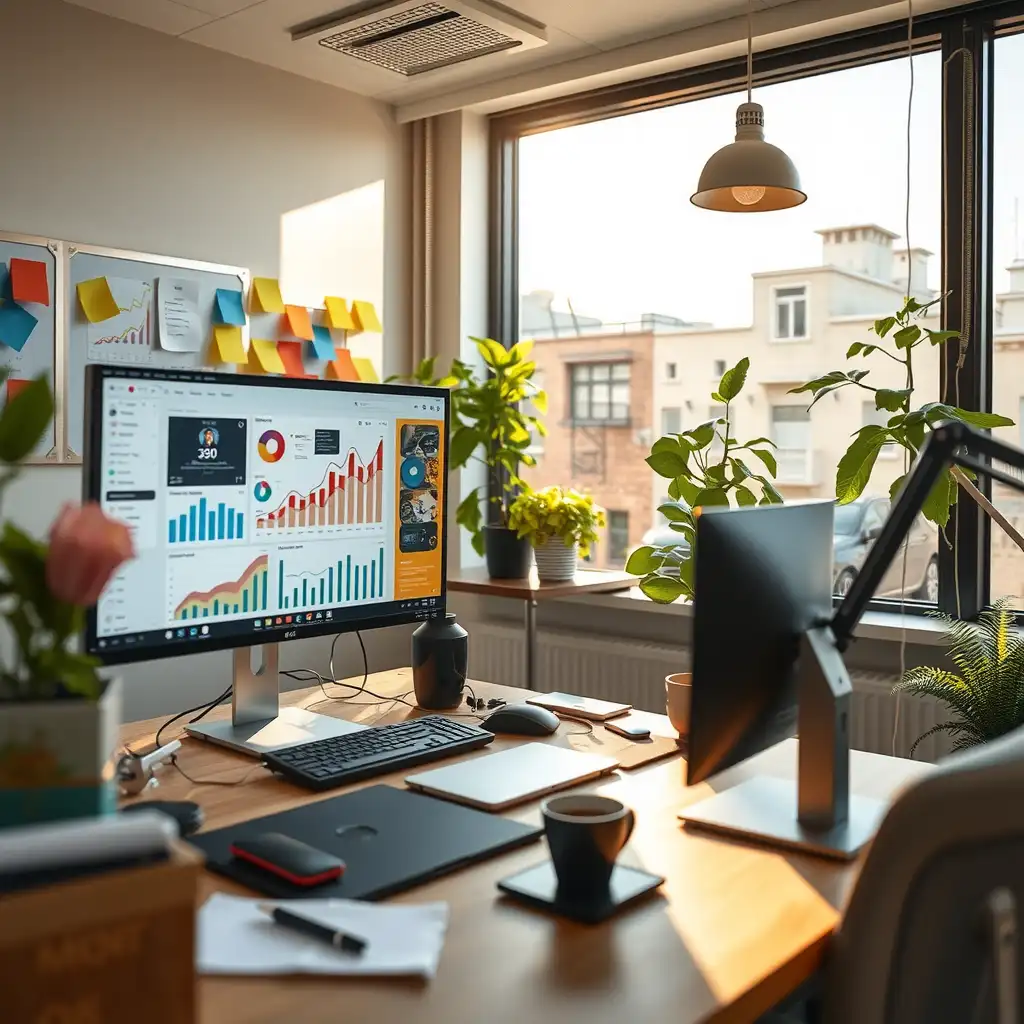 A vibrant digital marketing workspace featuring a sleek computer setup with analytics tools, colorful brainstorming materials, and decorative elements that inspire creativity and productivity.