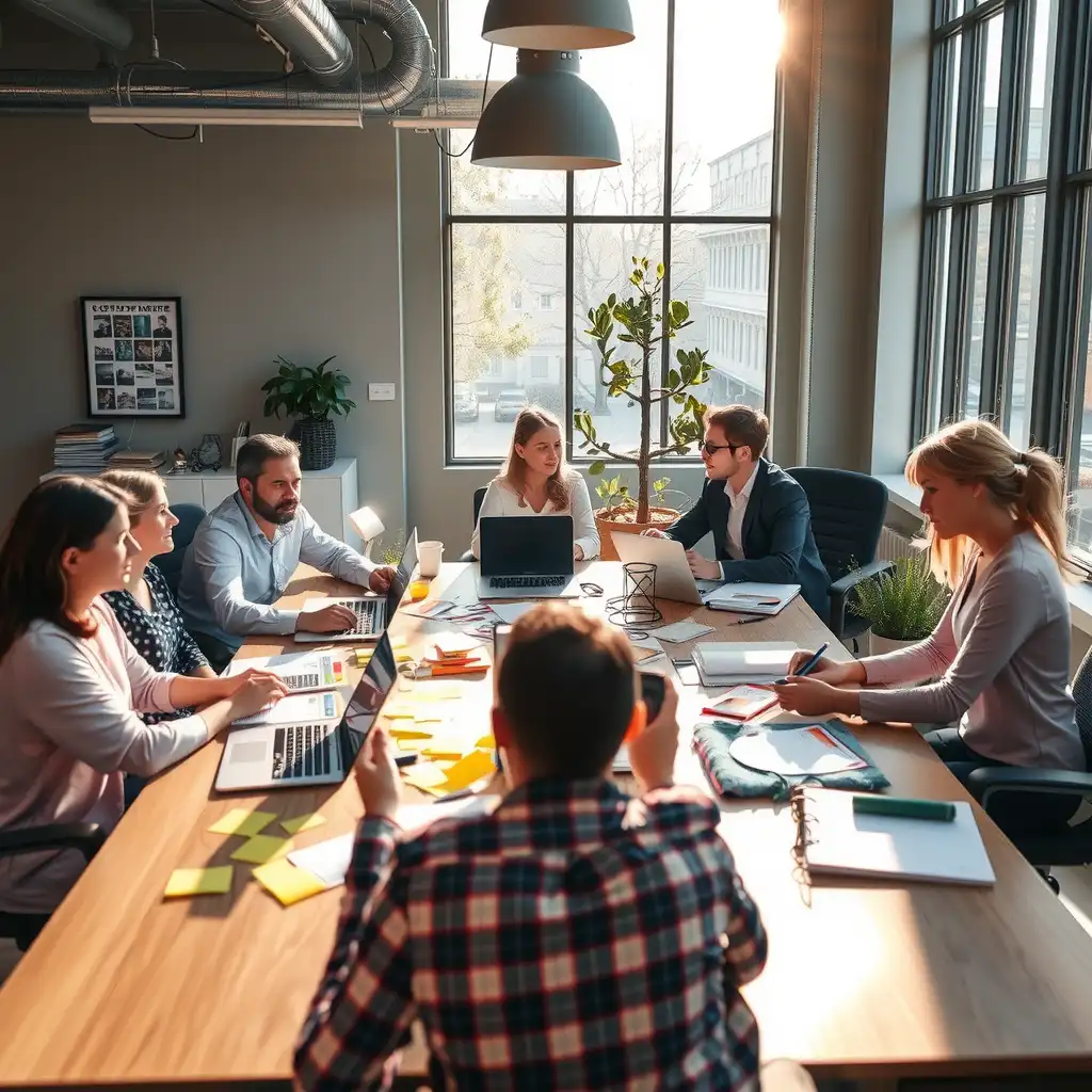 A diverse group of professionals collaborating around a large table filled with laptops, research materials, and sticky notes, showcasing teamwork and focus in a modern office environment.