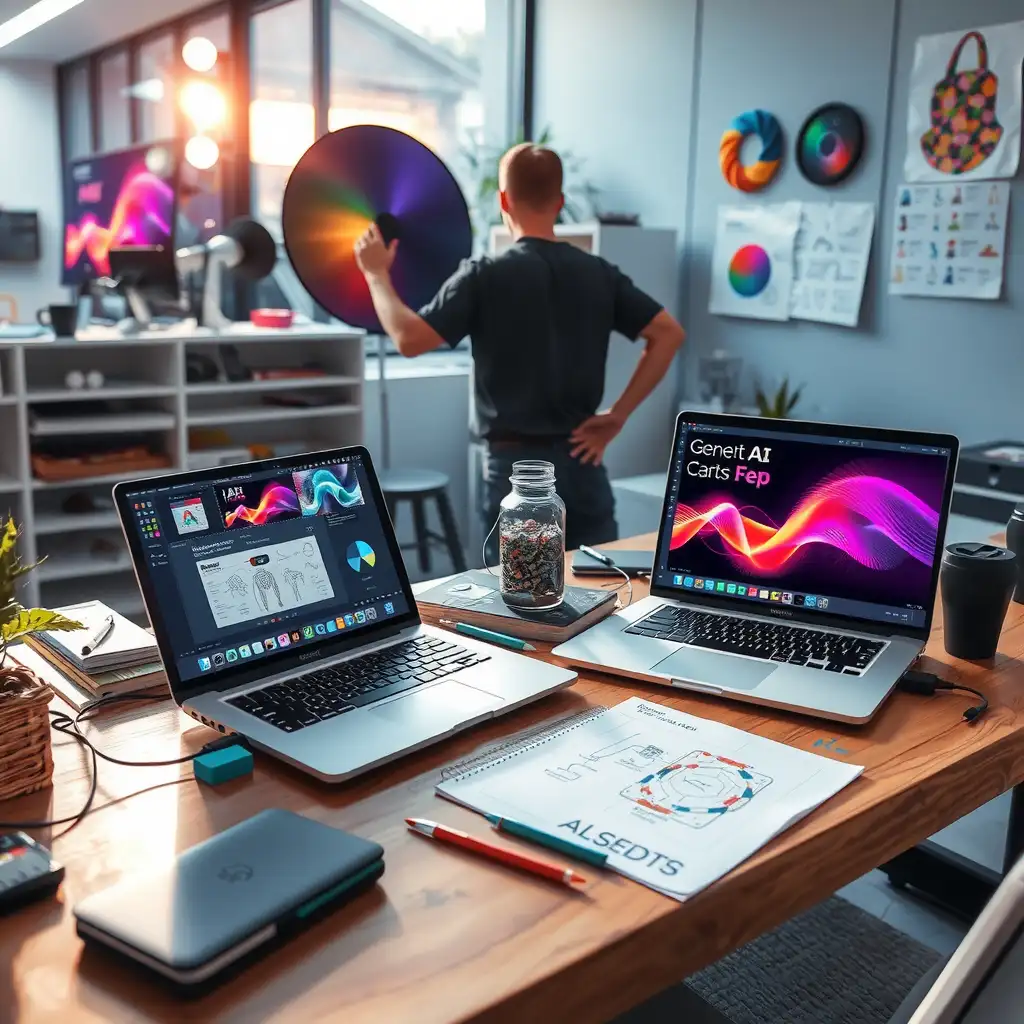 A vibrant and dynamic workspace showcasing modern technology, including laptops with generative AI tools, colorful digital artwork, and scattered notes that reflect the creative process. The scene captures an atmosphere of innovation and collaboration in content creation.