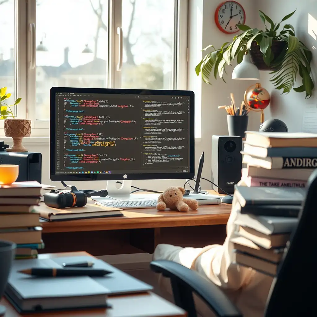 A modern workspace featuring a sleek computer setup with coding on the screen, surrounded by books on AI and machine learning, and visual representations of algorithms like flowcharts and neural networks. The scene conveys innovation and creativity in technology.