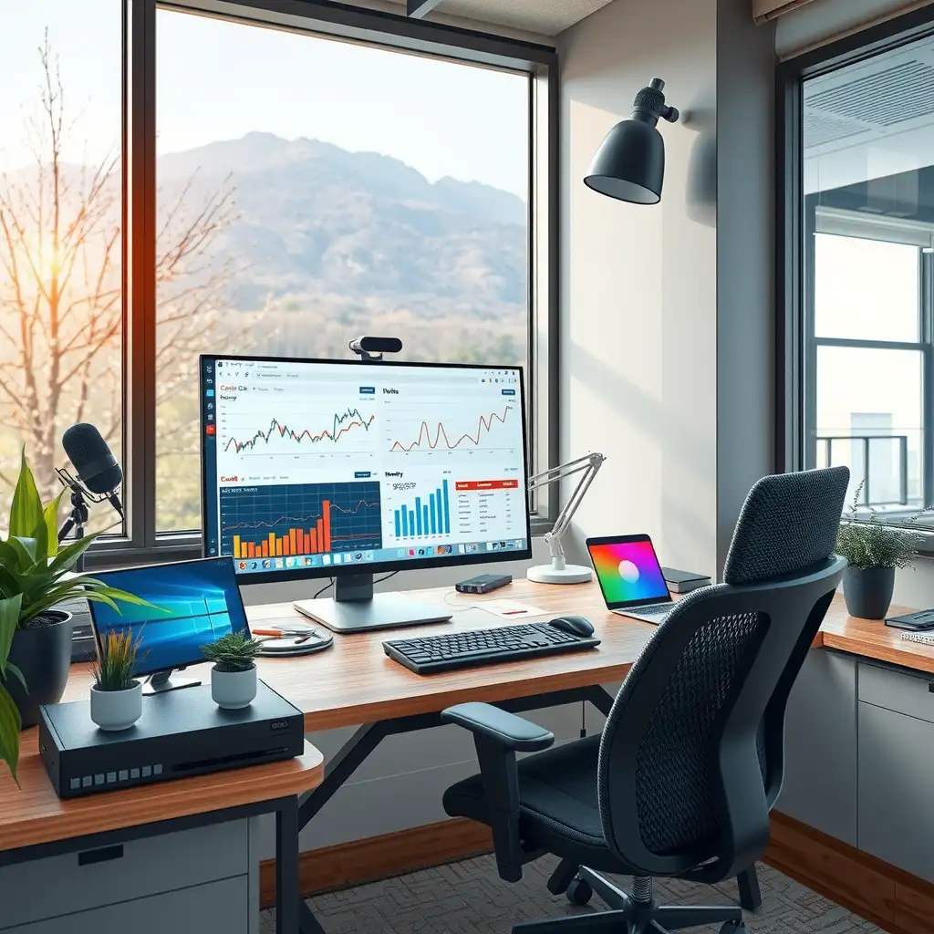 A modern digital workspace featuring a sleek computer setup with voice-activated devices, vibrant data analytics graphs, and elements of AI technology, all embodying the essence of voice search SEO.