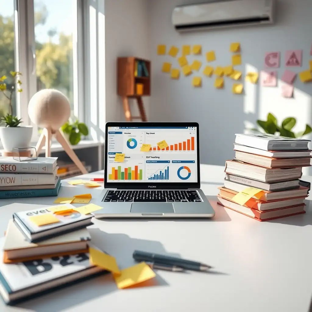 A modern digital marketing workspace featuring a laptop with keyword research tools, colorful charts on the screen, organized books on SEO, and sticky notes with brainstorming ideas, all in a bright and airy setting.