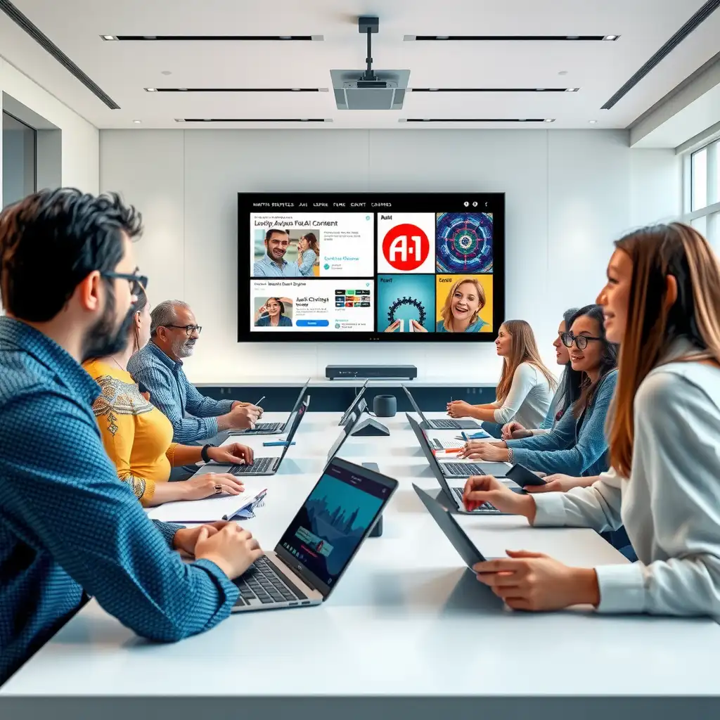 A modern conference room filled with diverse participants engaged in a webinar on AI content creation, featuring laptops and a large screen displaying dynamic visuals.