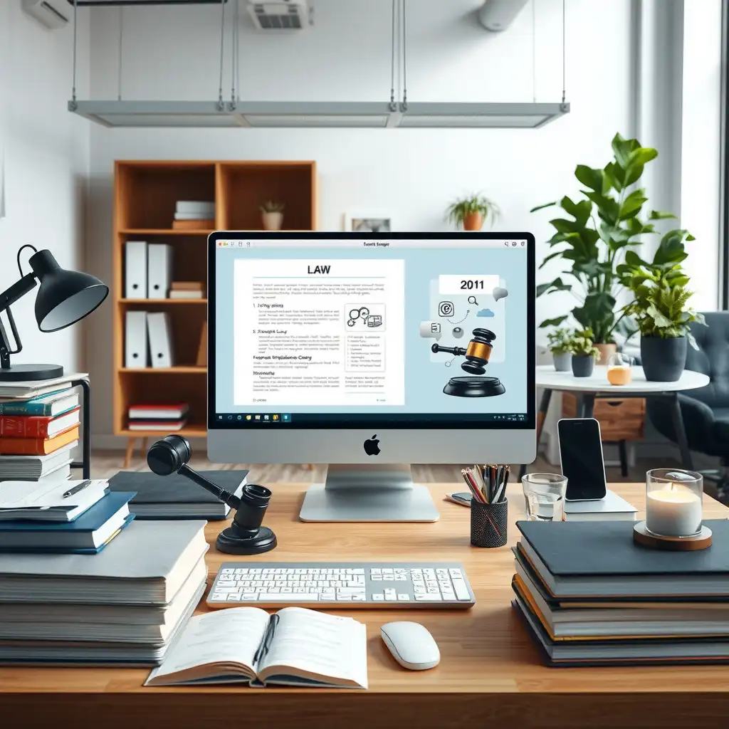 A modern office workspace filled with technology and creativity, featuring a computer screen displaying legal documents and AI-generated content, surrounded by books on intellectual property and copyright laws.