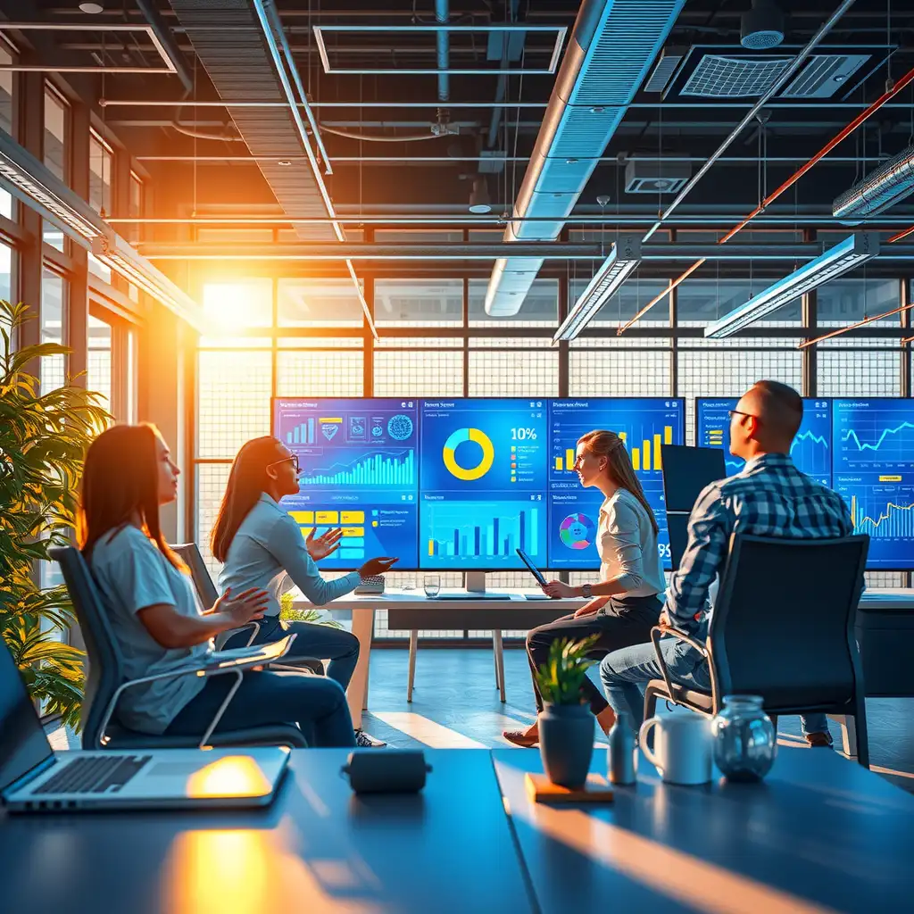 A vibrant modern office scene showcasing professionals collaborating around advanced AI tools and digital screens, illustrating teamwork and innovation in digital marketing strategies.