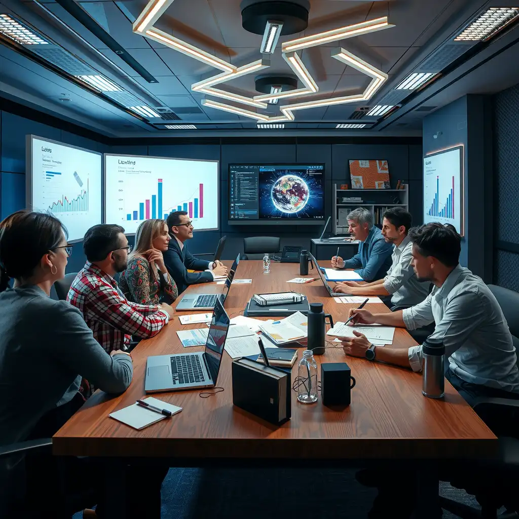 A diverse group of professionals engages in a heated discussion around a large table in a modern office, surrounded by digital screens displaying charts and AI-generated artworks, capturing the complexities of licensing issues for AI content.