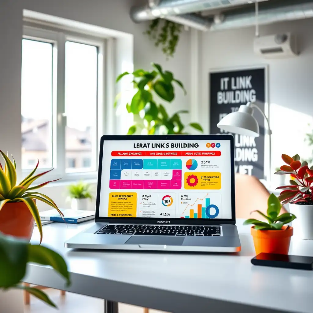 A modern workspace for beginners learning about link building, featuring a laptop with an infographic, vibrant plants, and motivational quotes on the walls.