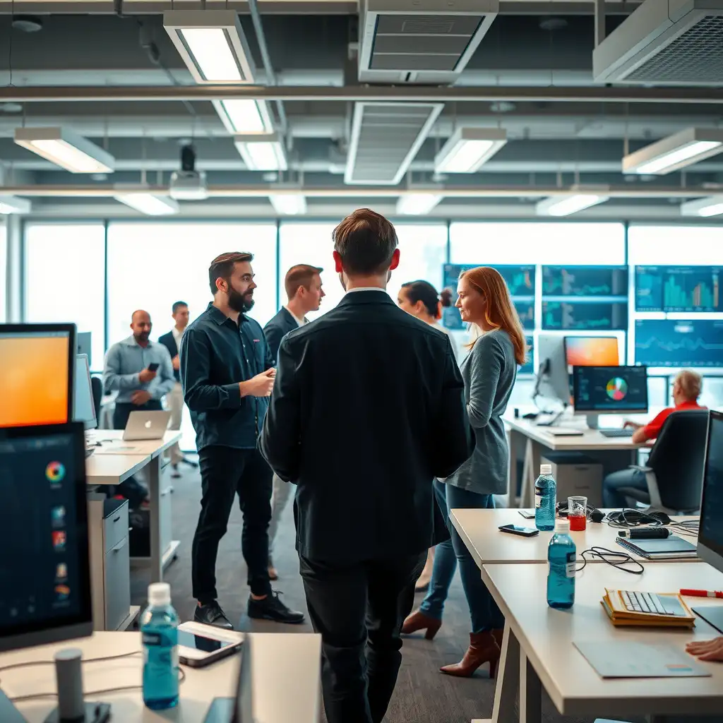 A modern office workspace showcasing diverse professionals collaborating with advanced AI technology, featuring high-resolution screens, data analysis, and innovative tools in a dynamic environment.