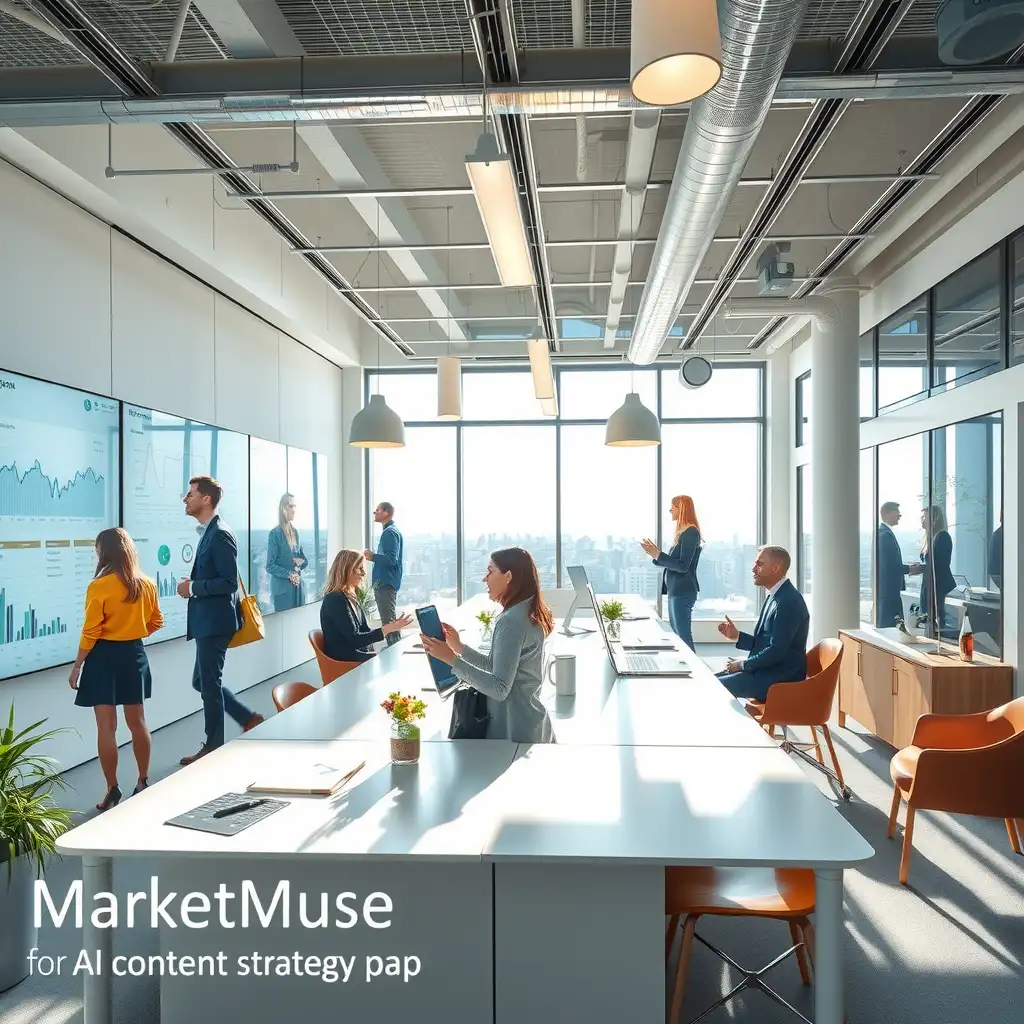 A modern, high-tech workspace featuring large screens with data analytics, collaborative professionals engaged in brainstorming, and a vibrant atmosphere that reflects innovation in AI-driven content planning.