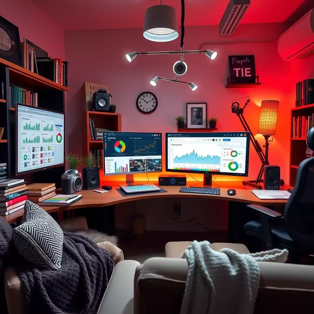 A modern workspace showcasing dual monitors with SEO dashboards, colorful analytics charts, high-tech gadgets, and a cozy reading area filled with digital marketing books.