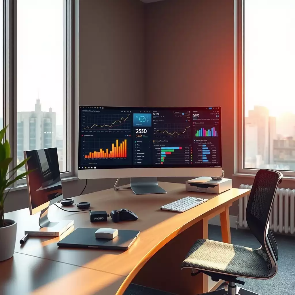 A modern digital workspace featuring multiple screens with SEO analytics, a well-organized desk, and elements representing digital marketing strategies.