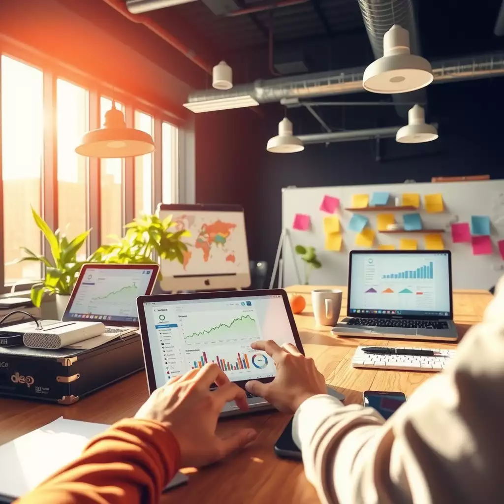 A vibrant modern workspace featuring mobile devices, laptops with SEO tools, sticky notes, and whiteboards, reflecting energy and collaboration in digital marketing.