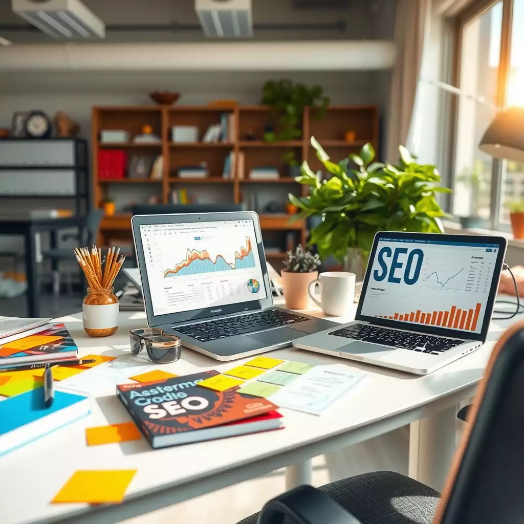 A modern workspace filled with natural light, featuring a sleek desk with SEO books, colorful sticky notes, and a laptop displaying analytics charts, evoking a sense of creativity and motivation in digital marketing.