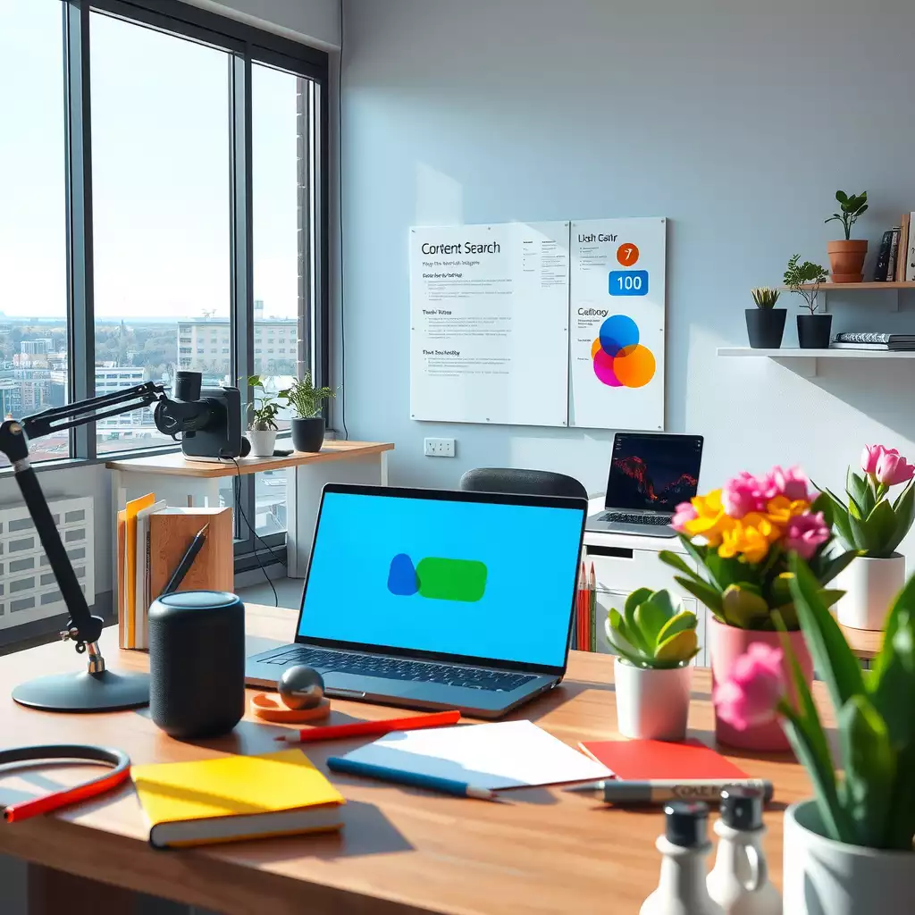 A vibrant modern workspace for content creators, featuring advanced technology, colorful stationery, plants, and notes on voice search strategies.