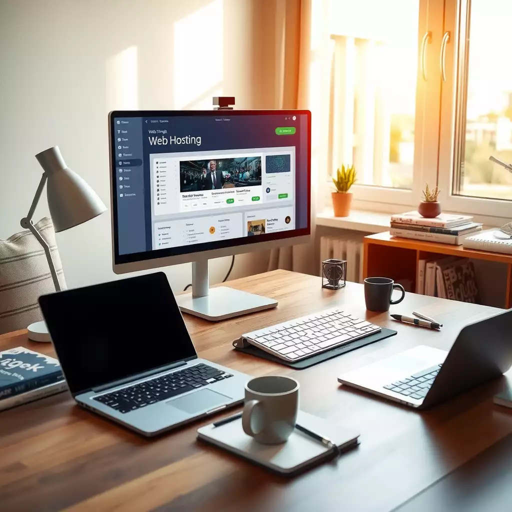 A modern home office setup featuring a sleek desk with a high-resolution monitor, laptop, notepad, and coffee cup, surrounded by books on programming and digital design, all bathed in warm natural light.