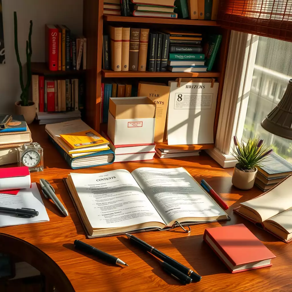 A beautifully organized writing workspace featuring a neatly arranged desk with an open manuscript showcasing a structured table of contents, surrounded by colorful notes, writing tools, and books, evoking creativity and thoughtful planning.