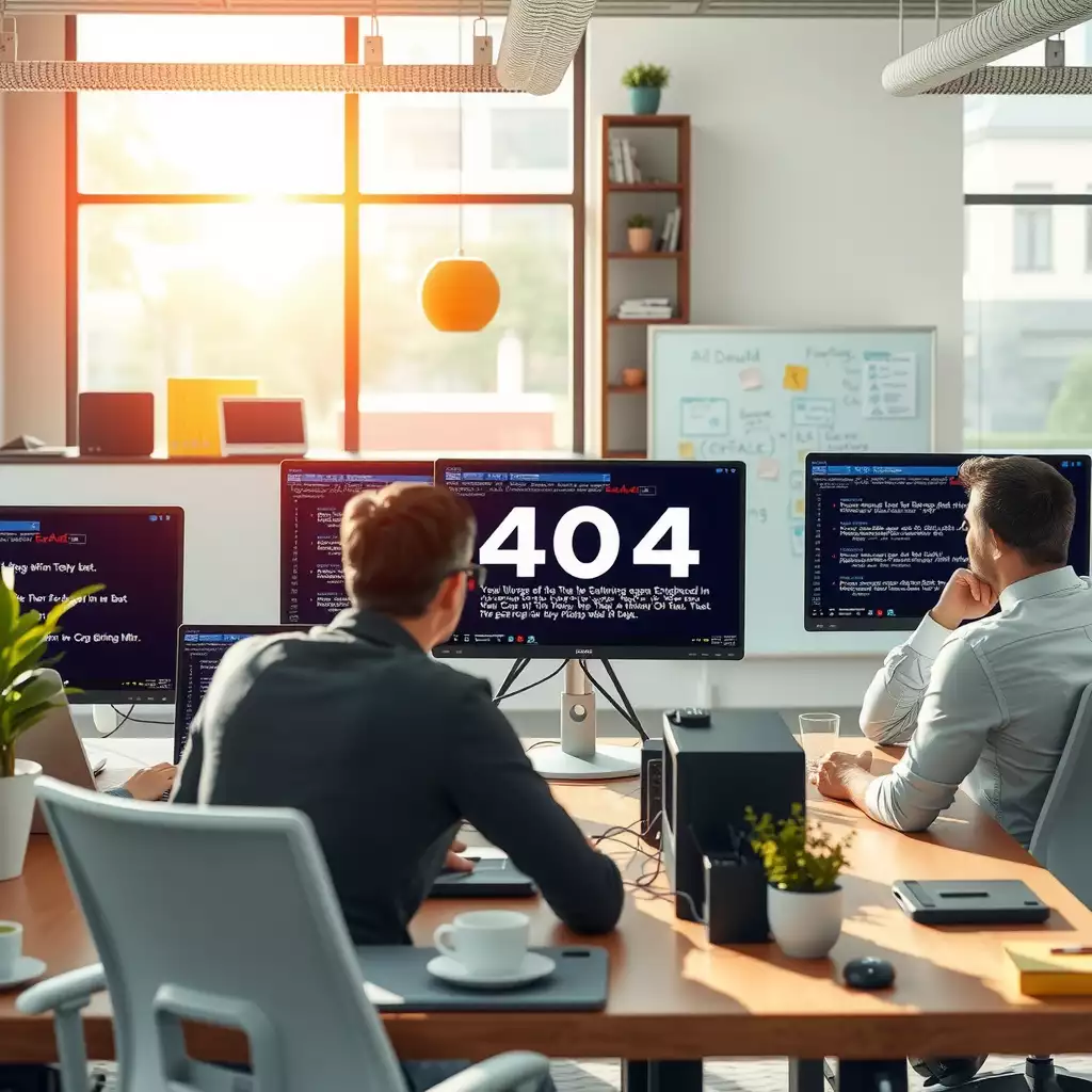 A modern office workspace featuring team members collaborating around computer screens displaying error messages, with brainstorming notes on a whiteboard, conveying innovation and problem-solving in a dynamic environment.
