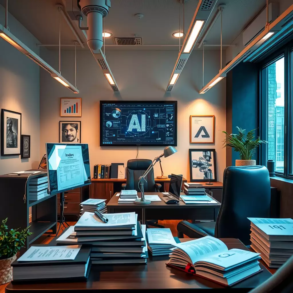 A modern office workspace featuring high-tech gadgets, stacks of legal documents, and inspirational artwork, illuminated by soft lighting. The scene reflects the intersection of intellectual property rights and artificial intelligence, showcasing digital screens with algorithms and patent diagrams.