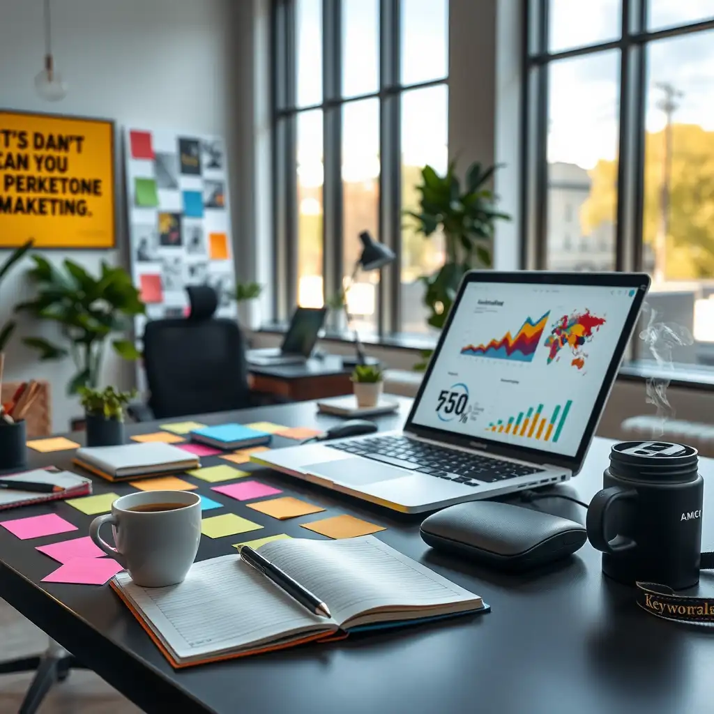 A modern office workspace featuring a sleek desk with an open laptop displaying analytics, colorful post-it notes with brainstorming ideas, and motivational quotes on the wall, illuminated by natural light from large windows.