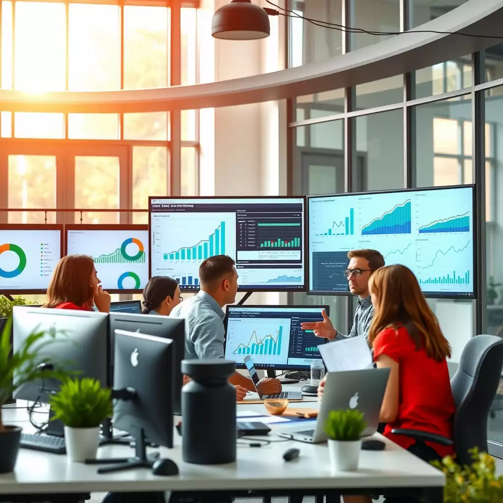 A modern office workspace featuring a diverse team collaborating over SEO analytics on high-tech screens, showcasing vibrant colors and clear details.