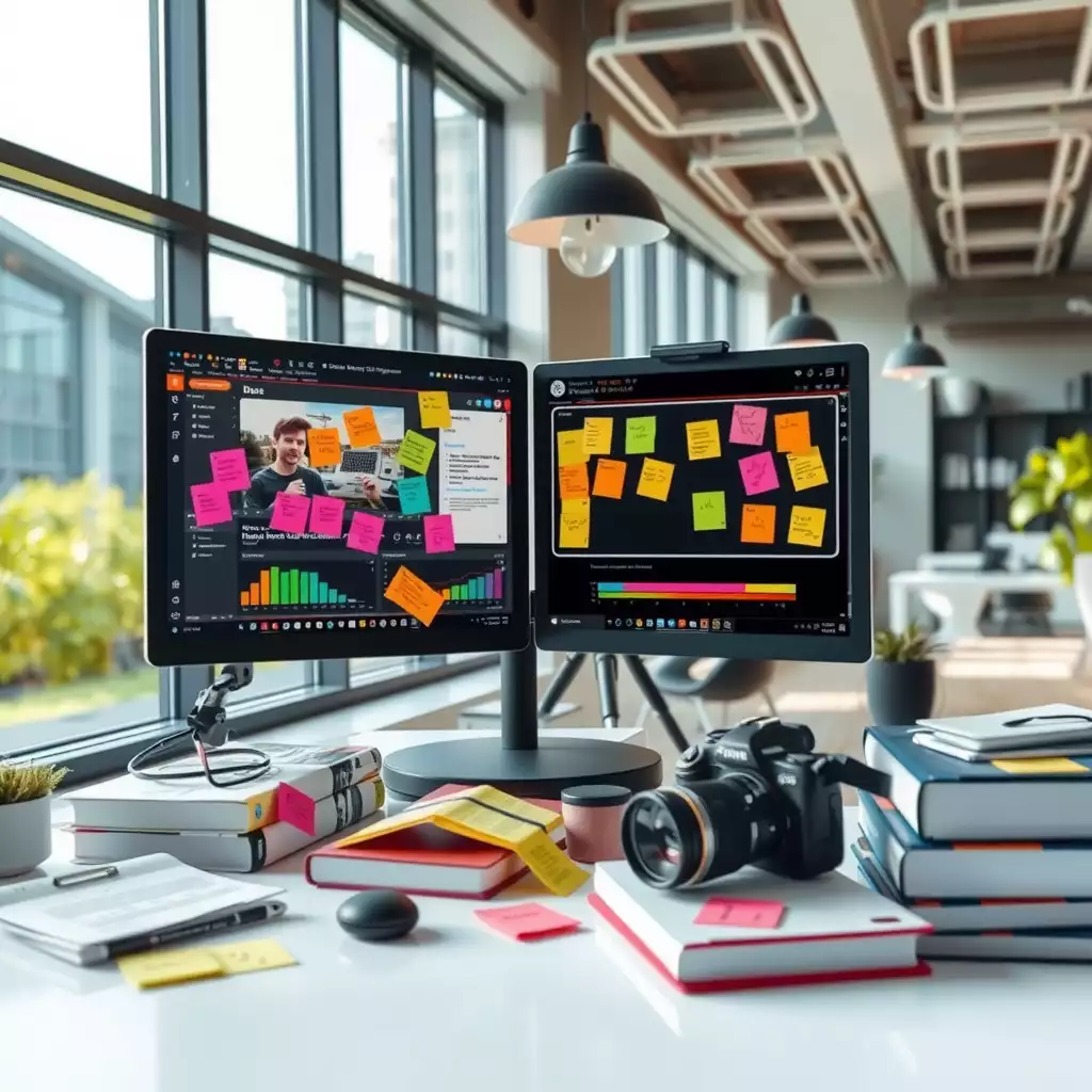 A modern workspace for a WordPress expert featuring dual monitors with a dashboard, colorful sticky notes, and books on digital marketing and SEO strategies, all highlighting a focus on content management.