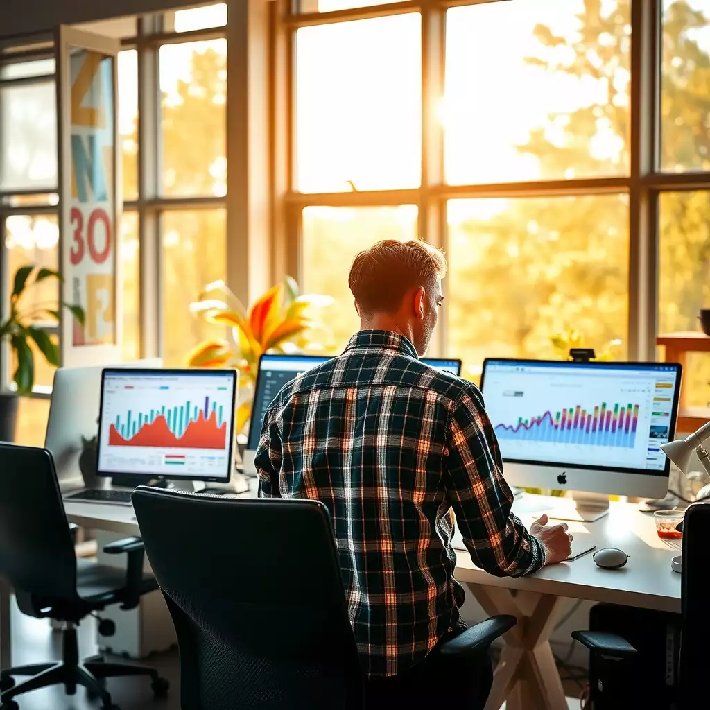 A modern workspace featuring advanced analytics dashboards, colorful graphs and charts, and a motivated individual analyzing data, all highlighting productivity and innovation in article performance tracking.