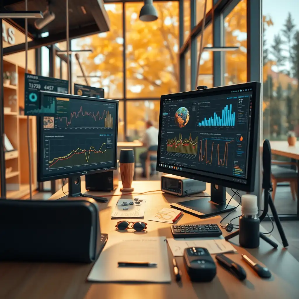 A modern high-tech workspace featuring sleek computers displaying AI performance analytics, surrounded by digital tools and notes, conveying innovation and exploration in content creation.