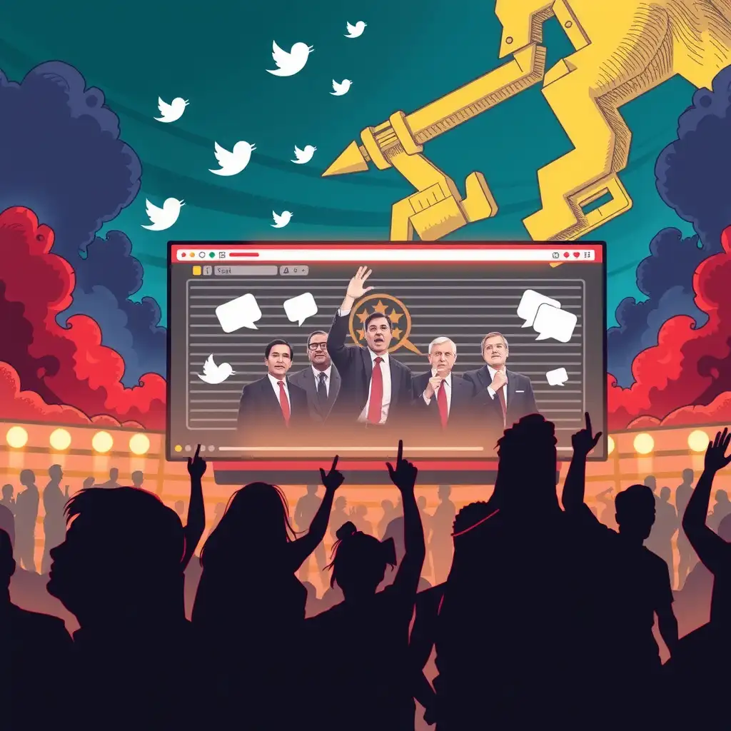 A colorful digital landscape illustrating the tension between free speech and censorship, featuring diverse silhouettes being amplified or suppressed, with contrasting vibrant colors and dark shadows to highlight the complexity of First Amendment rights in the context of technology and social media.